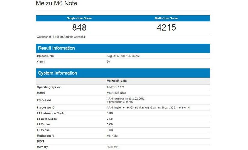 Meizu M6 Note (Blue Charm Note 6) Leaked on Geekbench
