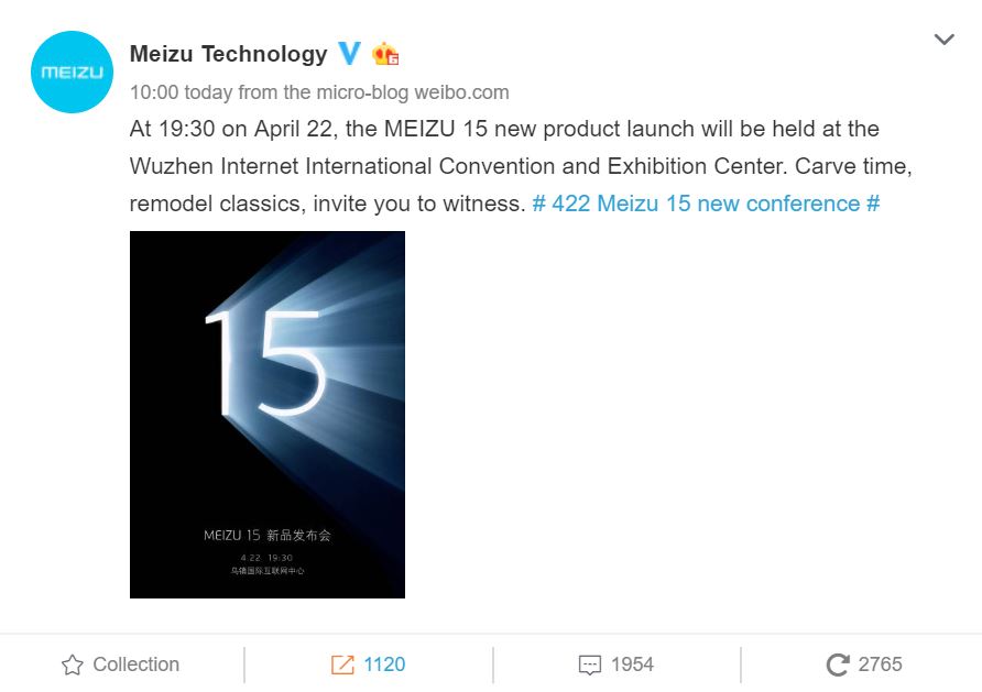 Meizu 15 Release Date Weibo Post