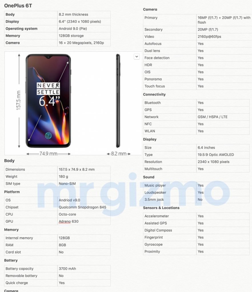 OnePlus 6T Complete Specifications