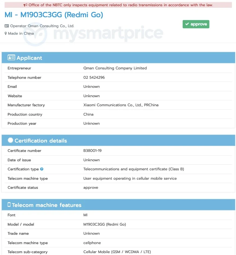 Redmi Go Certification