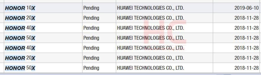 Huawei Trademarks Registering Honor 10X 20X 30X 40X 50X