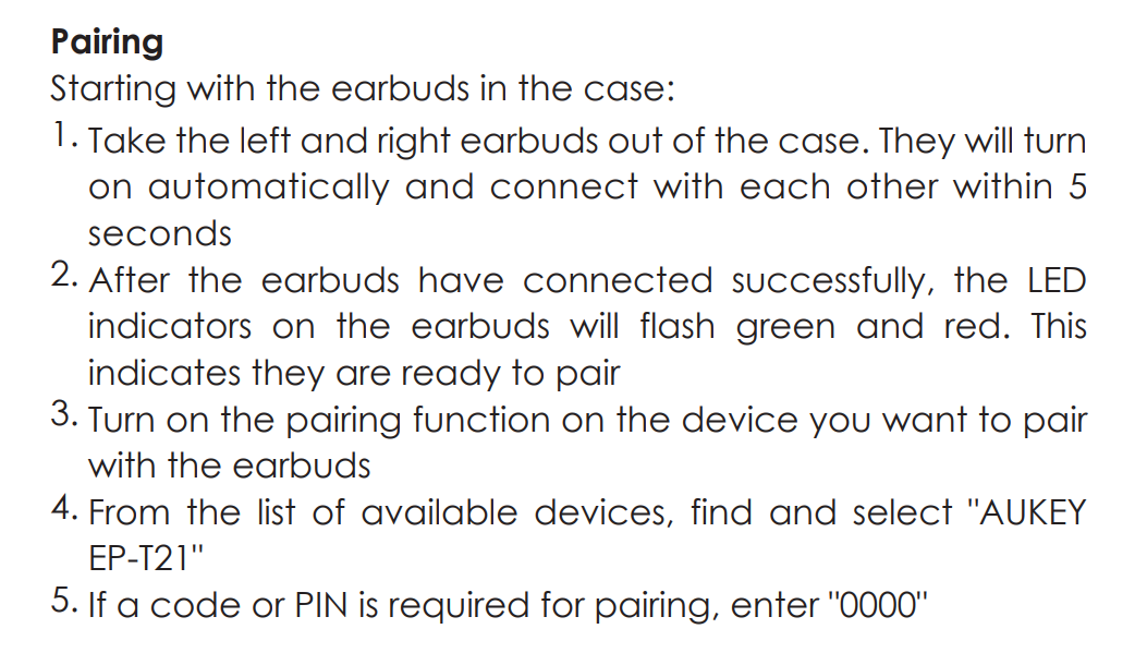Aukey True Wireless Earbuds EPT21 Manual Guide