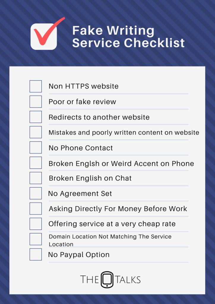 checklist for checking a writing service if it's fake or not